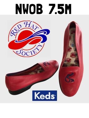 NWOB KEDS Jazztime Red w/Hat Leather Loafers Red Hat Society (7.5M)